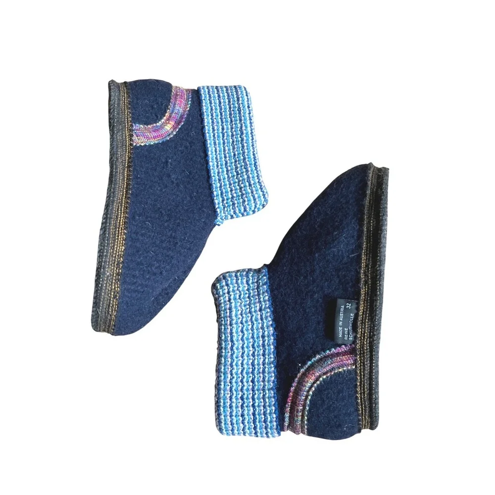Made in Austria Navy Boiled Virgin Wool Ankle Slipper Booties EU 32 Multi Knit